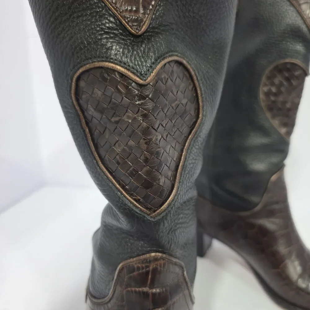 Brighton Women’s Toby Western Boots Sz 7.5 Black Brown Heart Charm Leather NICE!